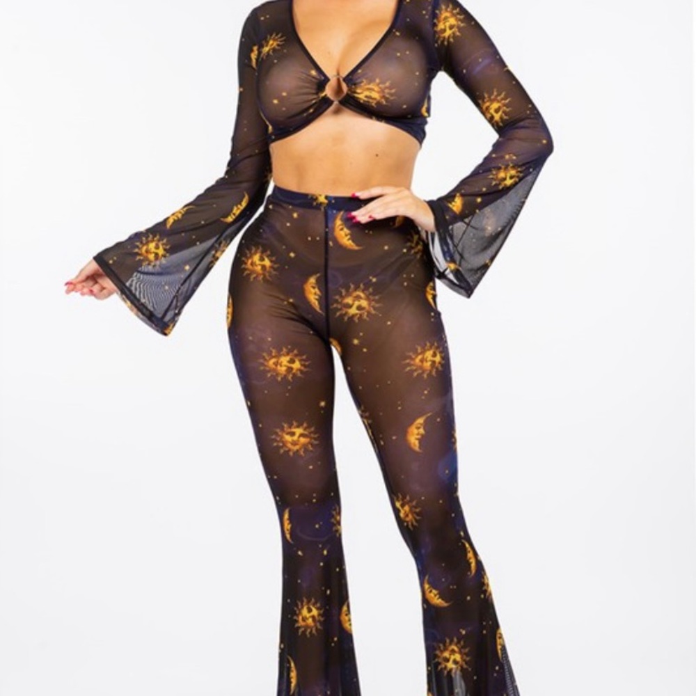 Sun & Moon Mesh Bell Bottoms Set | Rave Outfit | Festival Outfit | Hippie Outfit